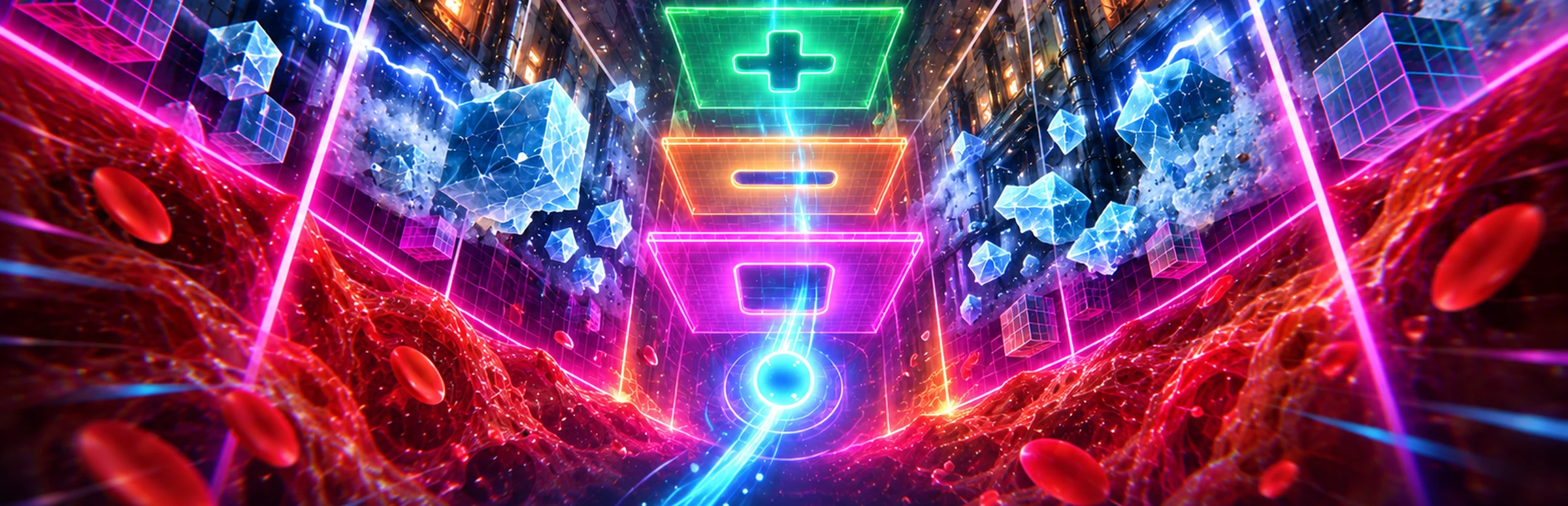 A neon shaft of shaped gates falling past crystals and machinery