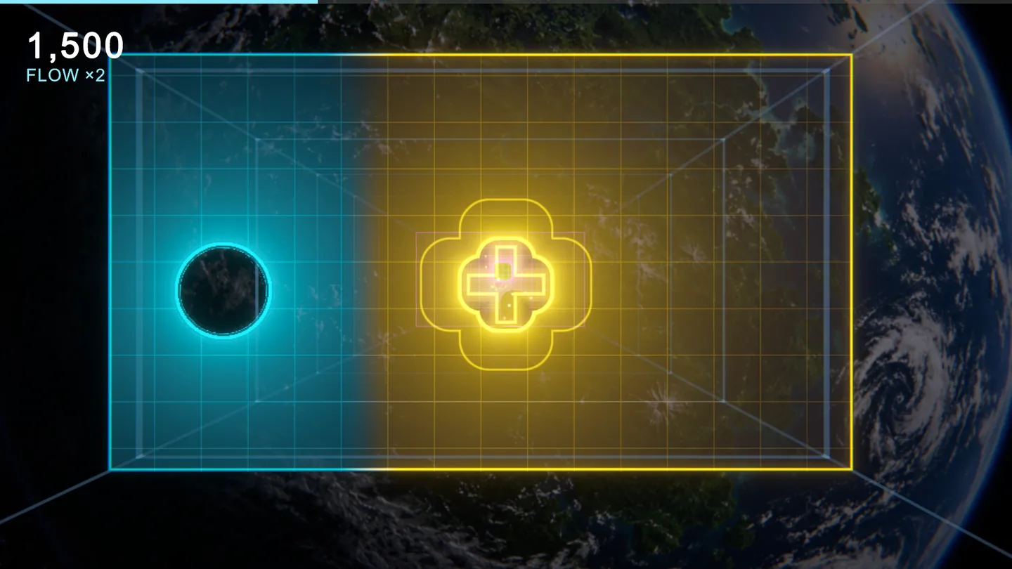 A gold Cross piece lines up with a Cross-shaped gate above the curve of a planet in Orbit