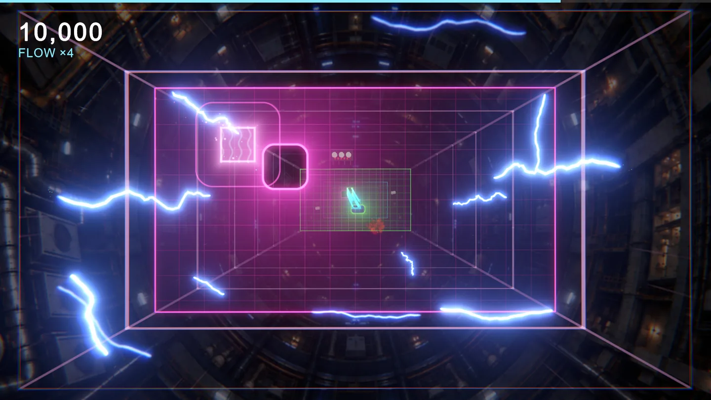 Electric arcs crackle across a magenta shaft in the Reactor
