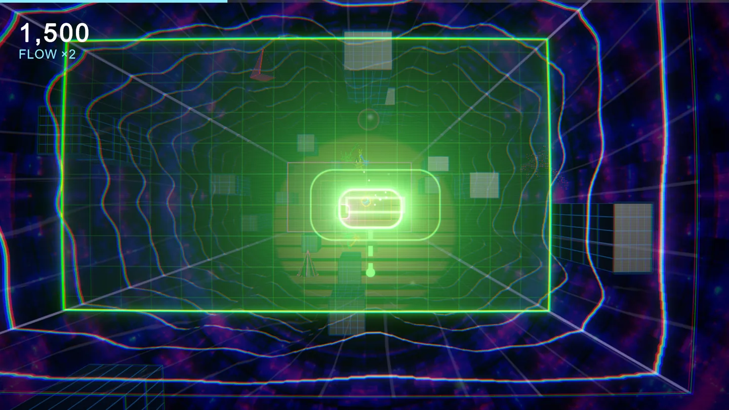 A green Line piece approaches a Line gate over a neon grid in Synthwave