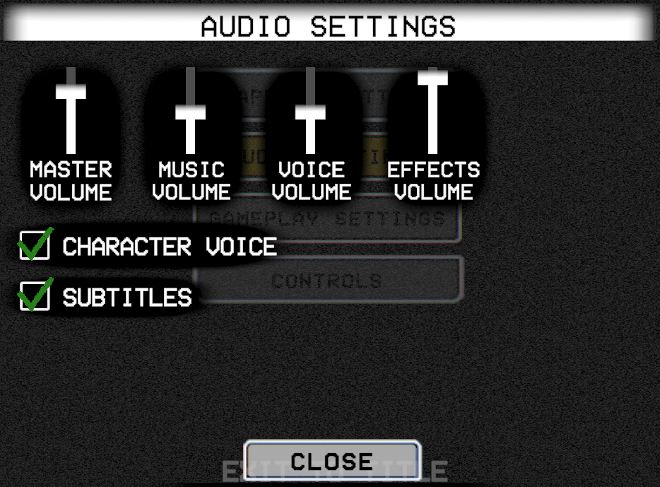Audio Settings menu showing volume sliders for Master, Music, Voice, and Effects, plus Character Voice and Subtitles toggles