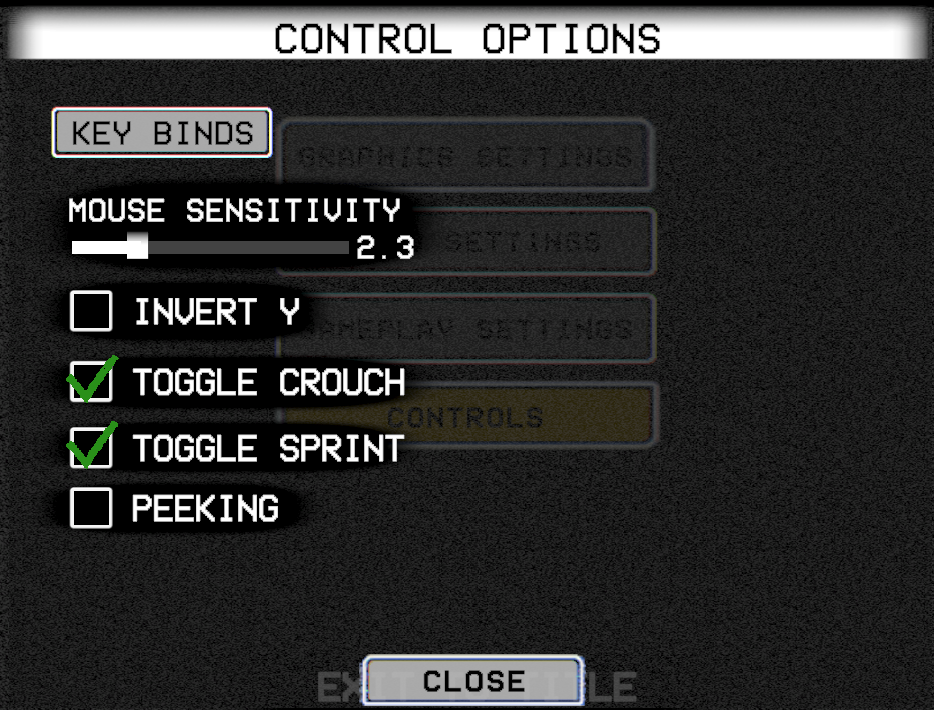 Control Options menu showing Key Binds button, Mouse Sensitivity slider, and toggles for Invert Y, Toggle Crouch, Toggle Sprint, and Peeking