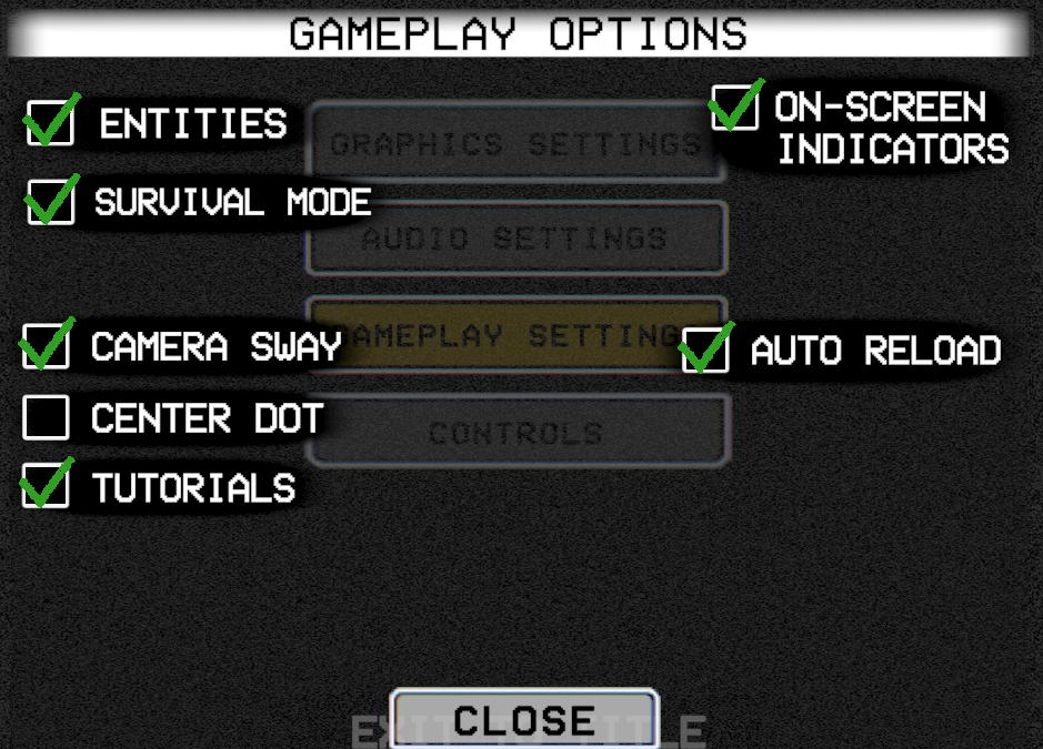 Gameplay Options menu showing toggles for Entities, Survival Mode, Camera Sway, Center Dot, Tutorials, On-Screen Indicators, and Auto Reload