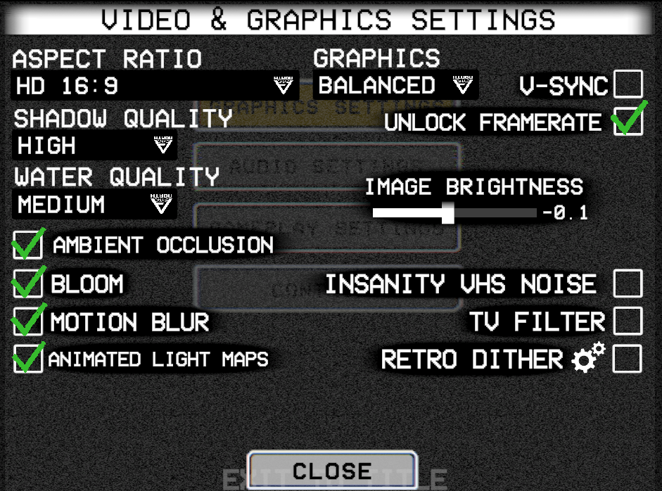 Video and Graphics Settings menu showing aspect ratio, graphics quality, shadow quality, water quality, and various toggle options