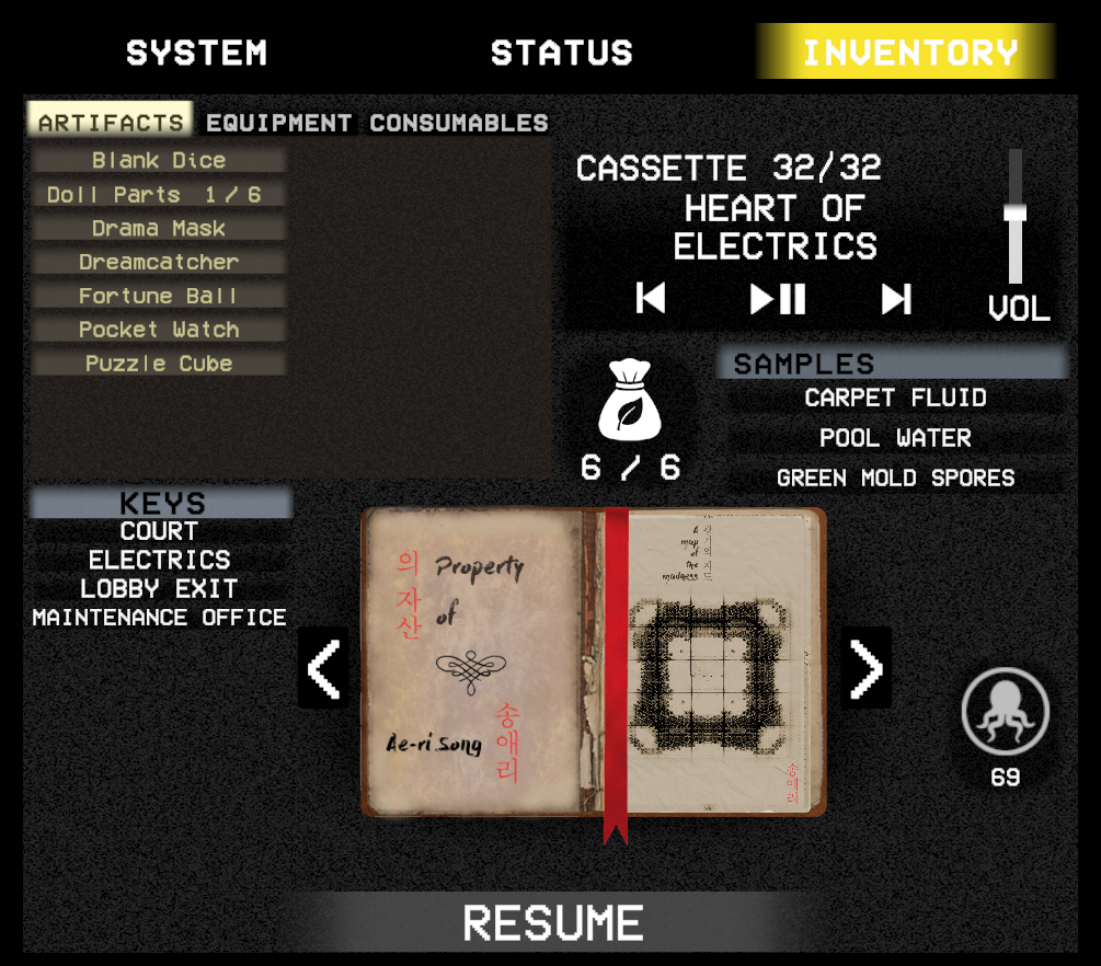 Inventory Menu showing Artifacts, Equipment, Consumables tabs, Keys, Samples, and Sketchbook