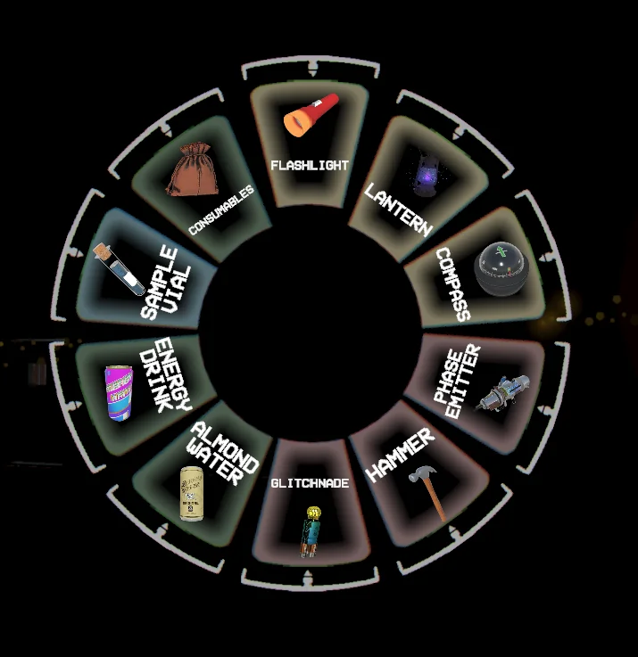 Radial Menu showing equipment and consumable slots arranged in a circle