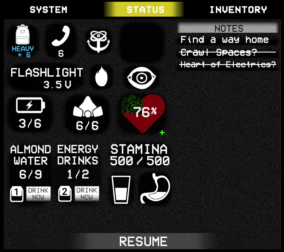 Status Menu showing health, stamina, hydration, and other vital statistics