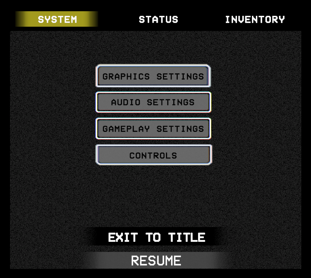 System Menu showing Graphics Settings, Audio Settings, Gameplay Settings, Controls, Exit to Title, and Resume buttons